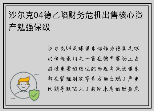 沙尔克04德乙陷财务危机出售核心资产勉强保级 沙尔克04德乙陷财务危机出售核心资产勉强保级